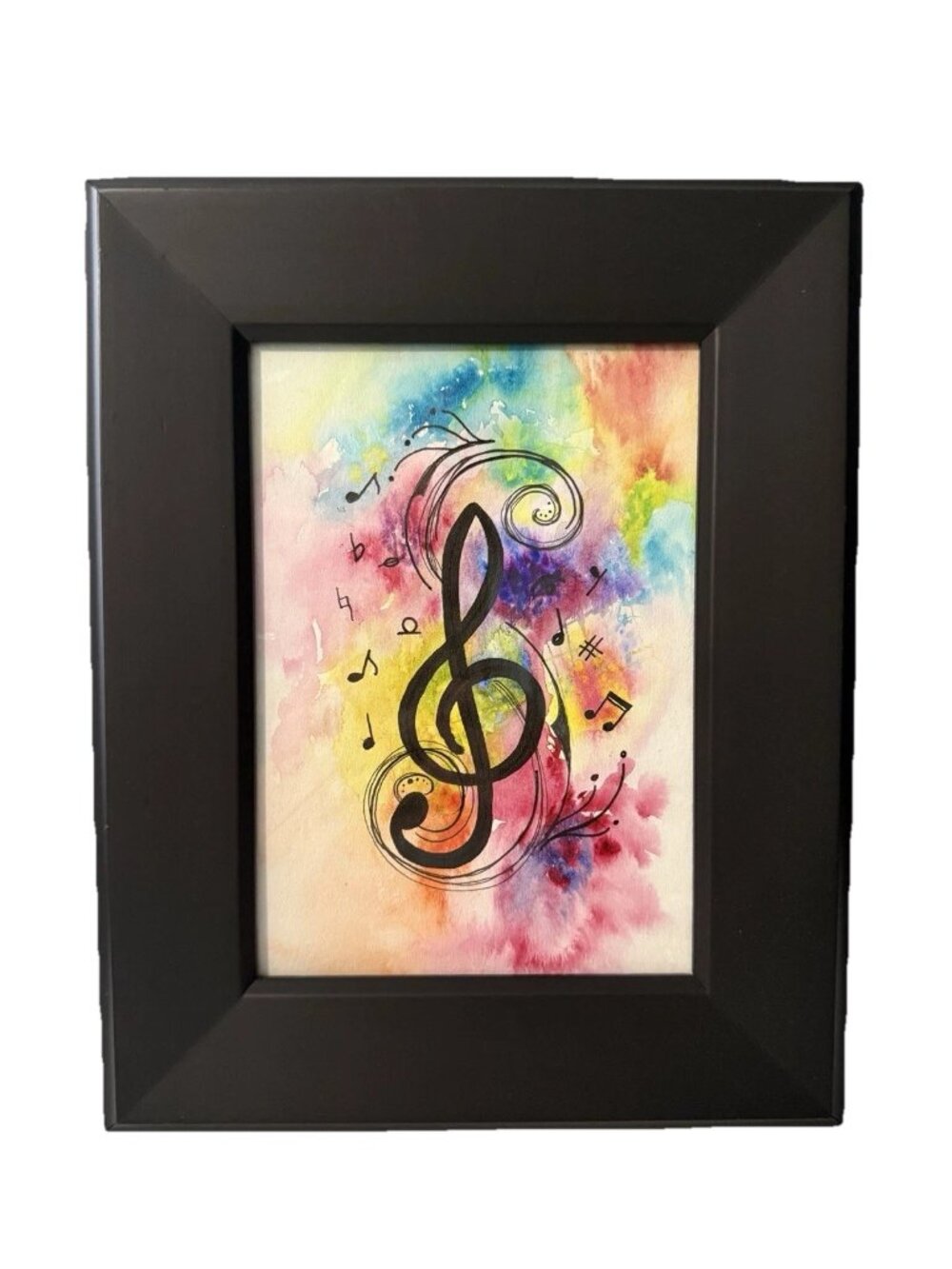 Original Watercolor Painting Treble Clef with Music Notes Framed 5x7